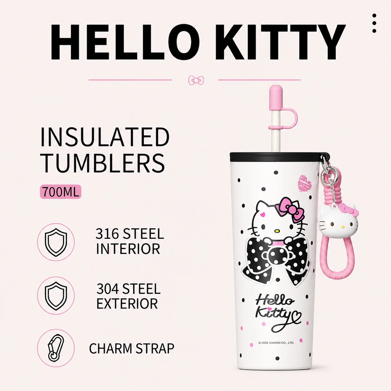 sanrio Hello Kitty Insulated Tumbler 316 Stainless Steel Water Bottle With Charm Strap Portable Vacuum Cup For Travel Office