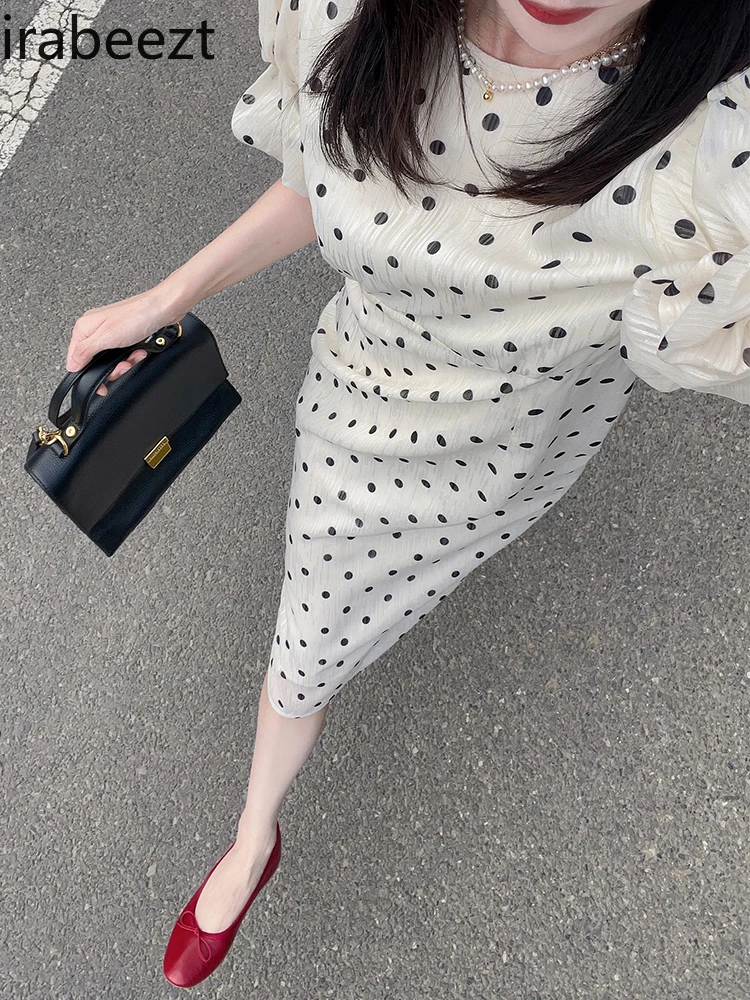 

White Polka Dot Dress Women 2024 Spring/summer New French Bubble Sleeve Temperament Waist Slim-fit Polka Dot Long Robe