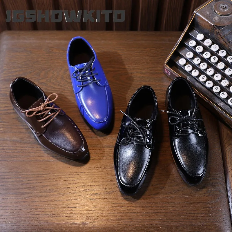 JGSHOWKITO Kids Leather Shoes Preppy Style Boys Pointed-toe Low Heel Shoes Non-slip School Uniform Perform Children Dress Shoes