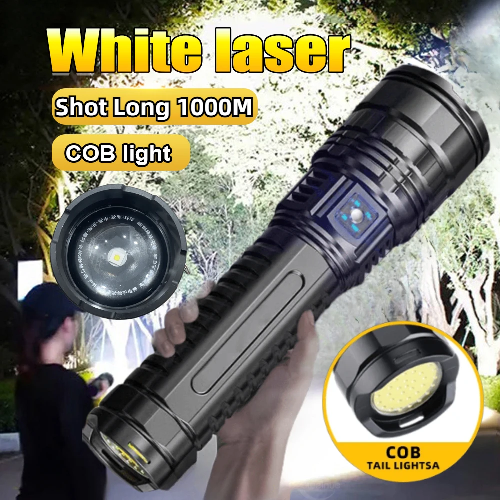 

15000LM Powerful LED+COB Flashlight Type-C Charging 5 Lighting Modes White Laser Zoom Lantern Ooutdoor Camping Tactical Torch