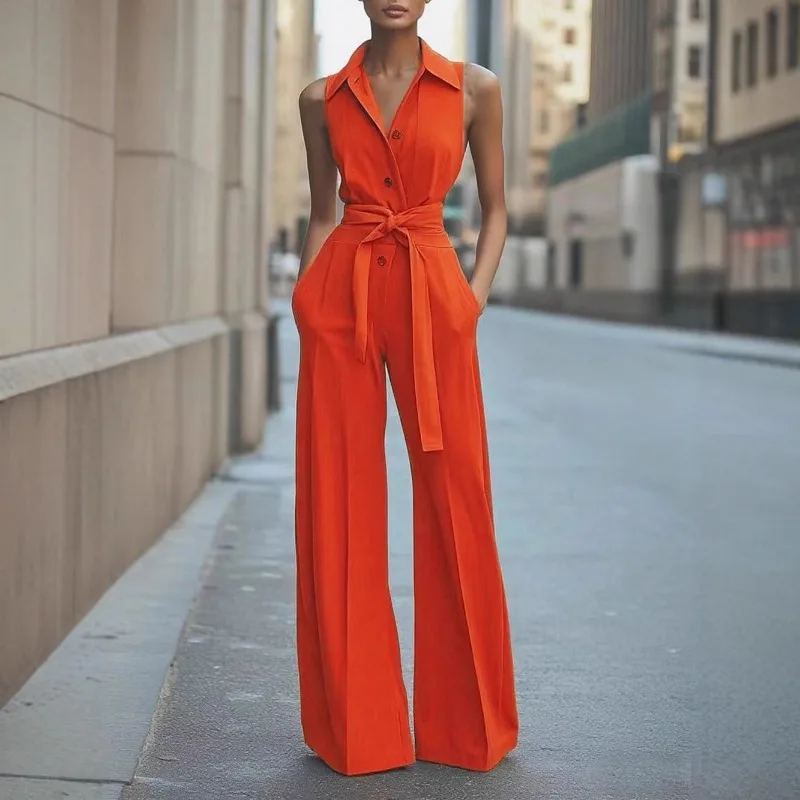 ノースリーブ ラペル ジャンプスーツ レディース ファッション ボタンダウン シャツカラー 無地 ワイドレッグ 通勤 オフィス ポケット付き ジャンプスーツ