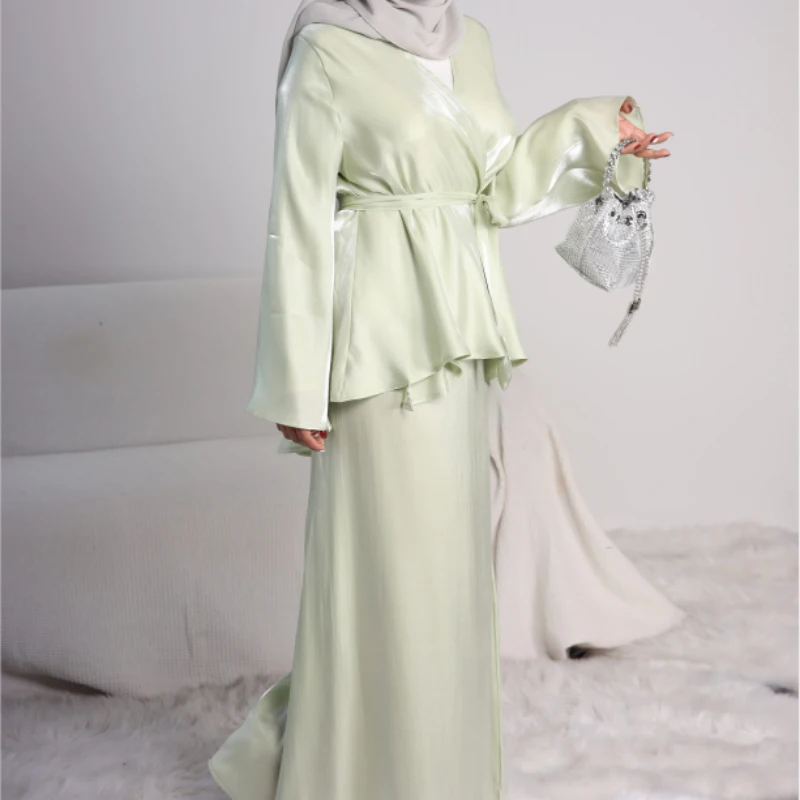 Shiny Muslim Woman Set 2 Piece Turkey Summer Belted Kimono Shirts Top and Long Skirt Matching Suit Islamic Modest Party Outfits