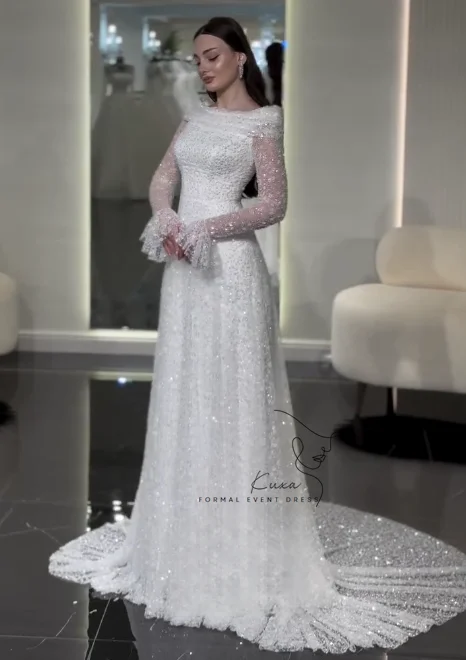 KUXA Customized Boat Neck A-Line Elegant Wedding Dresses Lace Floor-Length Long Sleeves Bridal Gowns Vestido De Novia 2026