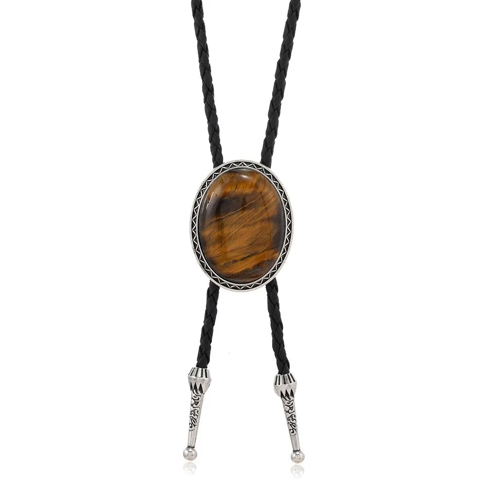 Vintage Artistic Bolo Tie Necklace Antique Silver Round Disc Vintage Turquoise Pendant Personality Turquoise Inlaid