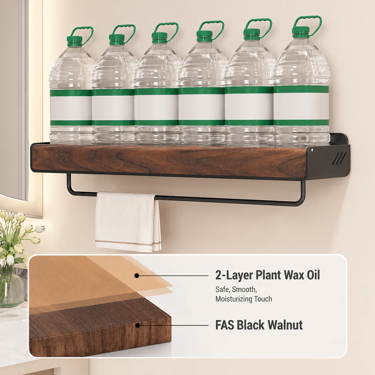 Solid Walnut Wood Wall Mounted Bathroom Shelf No Drill Floating Storage Organizer for Sink Countertop Toiletries And Home Essent