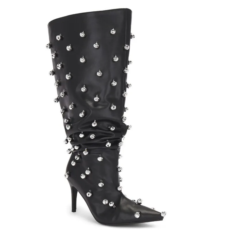 Diseño de nicho europeo, tacones altos delgados de alta calidad, botas anchas hasta la rodilla, botas de manga plisada con tachuelas sexys y a la moda para mujer