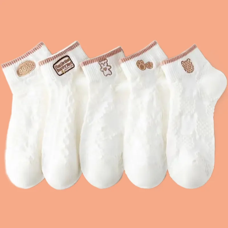 

5/10 Pairs Cute Fashion Bear White Khaki Socks Thin Low Cut Girls Ankle Socks Women's High Quality Breathable Short Cotton Socks