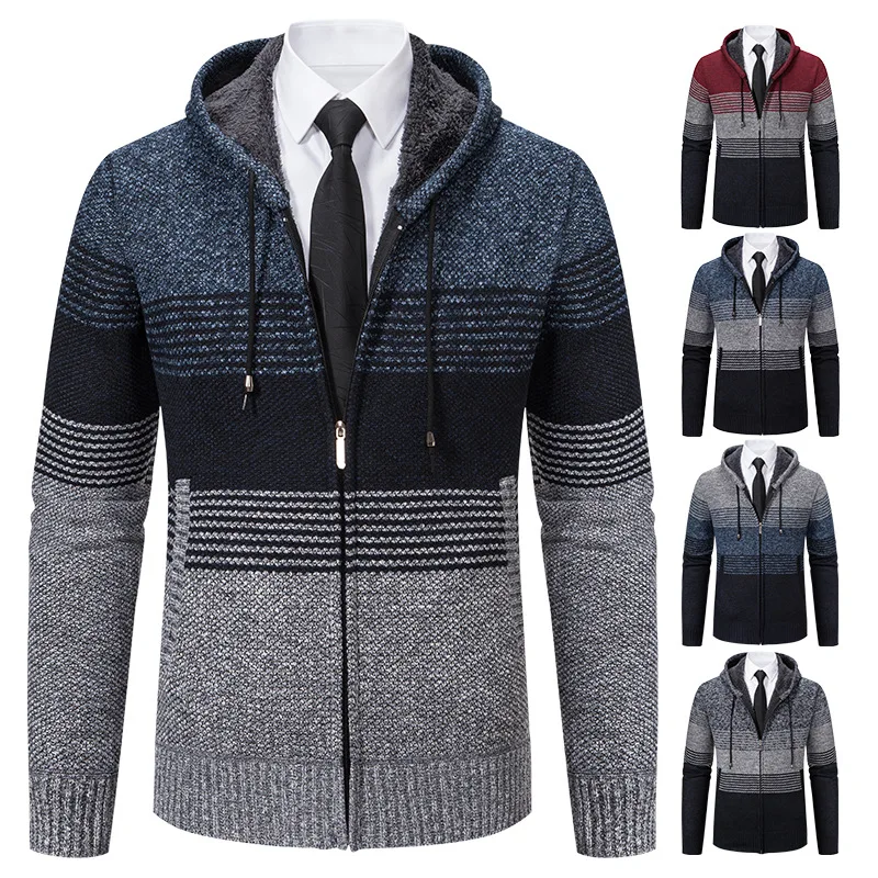 

Popular Autumn and Winter New Men's Cardigan Contrast Hooded Korean Fashion Casual Knitwear Splice Sweater