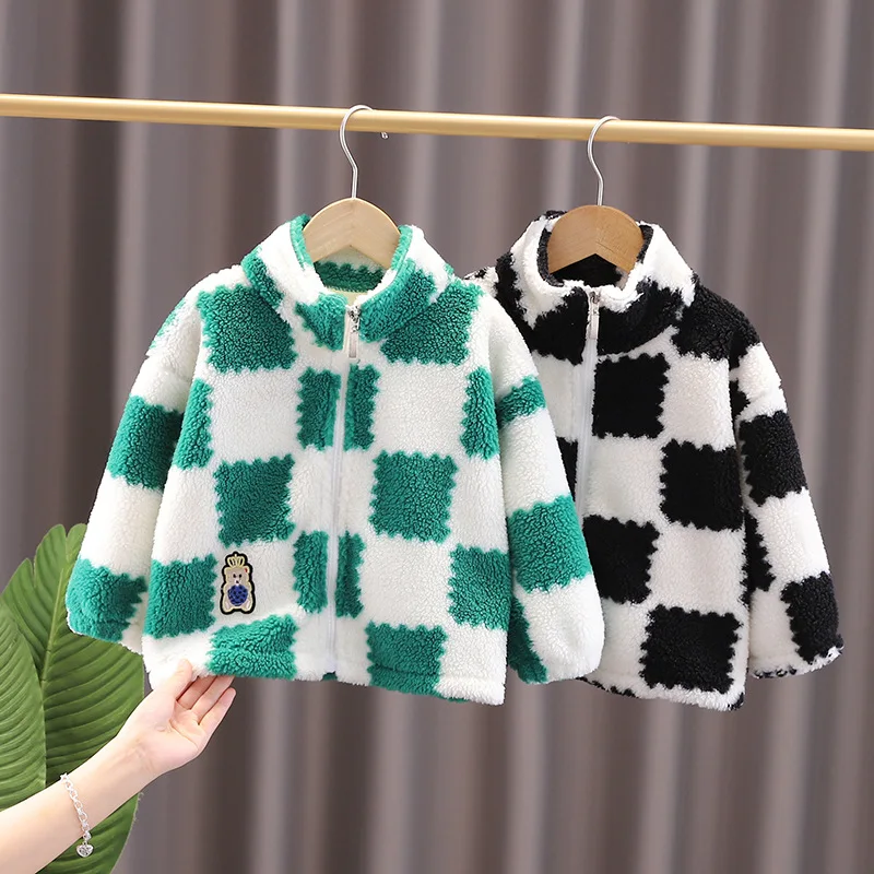 

Winter Toddler Girls Thicken Jacket Boys Lambswool Lattice Warm Coat Kids Clothes Baby Girls Turndown Collar Overcoat Outwear