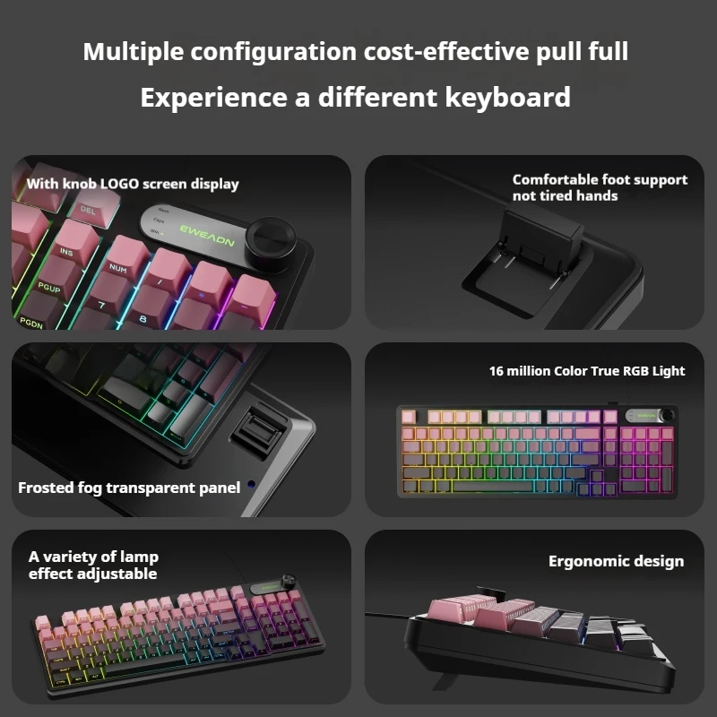 EWEADN Wired Gaming Keyboard, RGB Backlit with Side-Printed Gradient Keycaps, Multimedia Knob Control & Display Screen