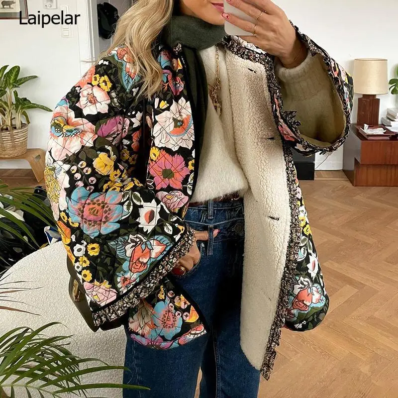 

Fashion Flower Printed Spliced Coat for Women Long Sleeve Thick Warm Cotton Jacket 2023 Elegant Autumn Winter Casual Streetwear