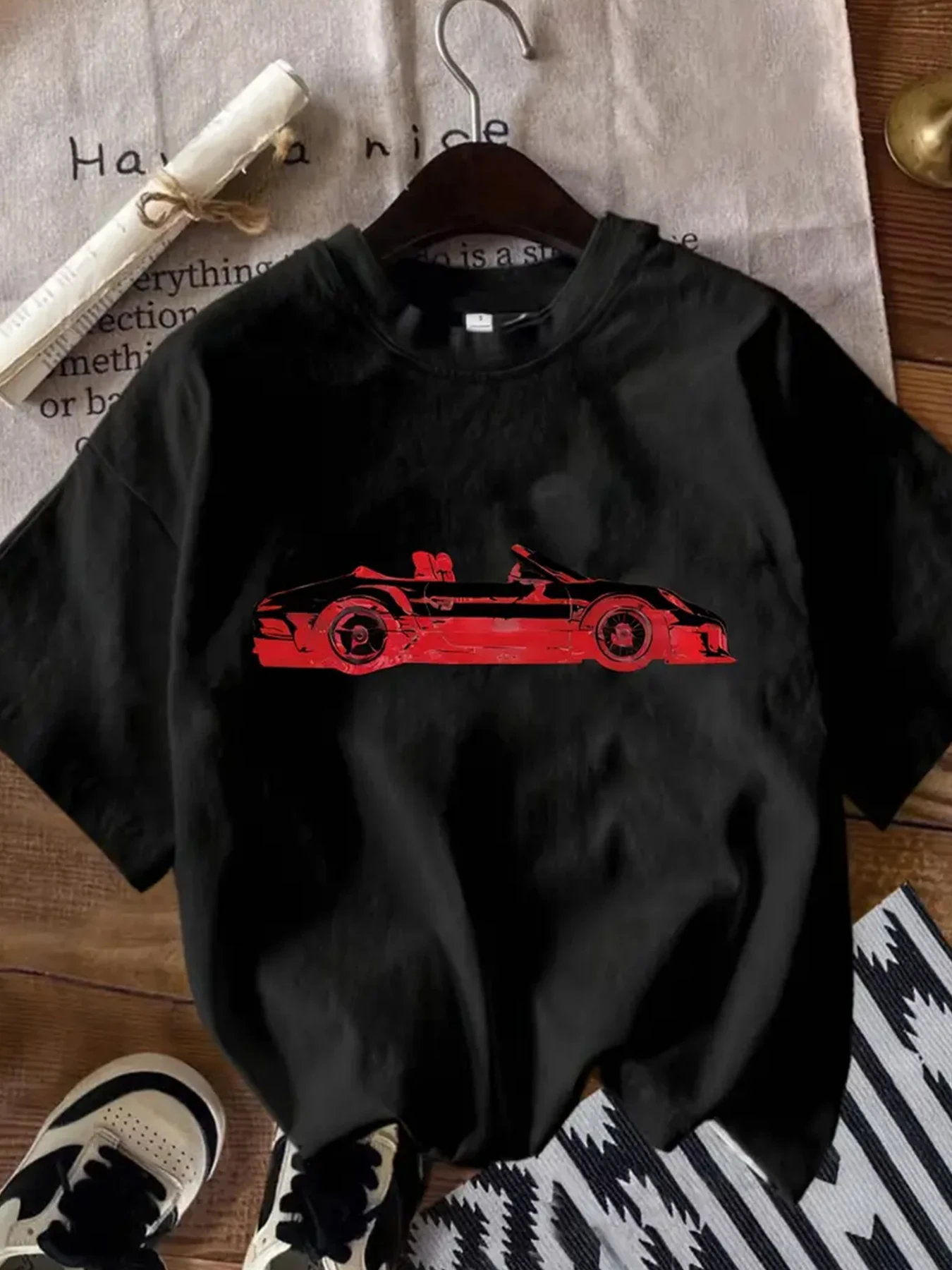 

Fashionable women black T-shirt with red convertible print - casual short sleeved summer top