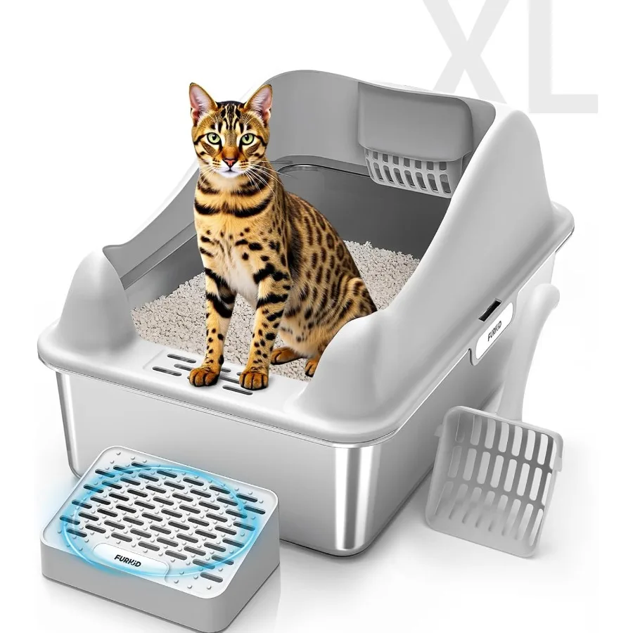 

Stainless Steel Cat Litter Box with Lid XL Extra Large Litter Box for Big Cats High Sided Kitty Metal Pan with Pedal Filter and