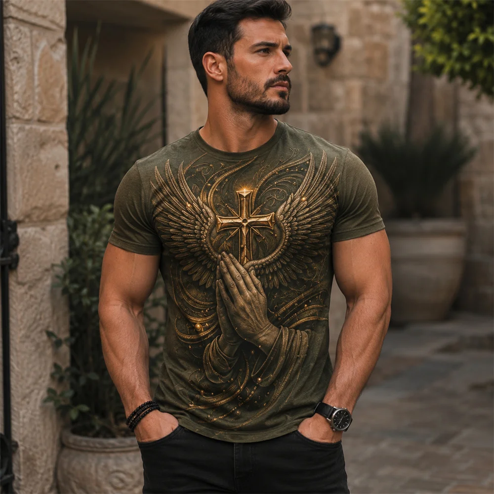 3D Graphic Print Angel Wings Cross T Shirt For Men's Short Sleeve Casual Summer Streetwear Fashion Top Spiritual Design Clothing