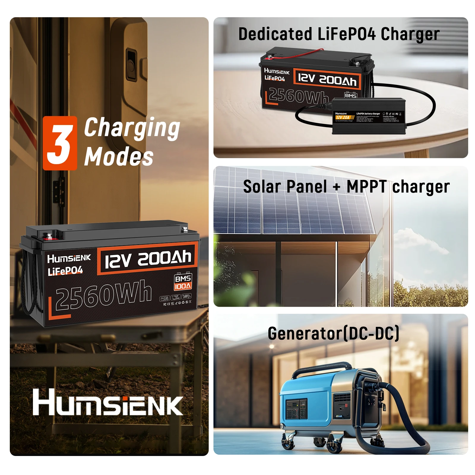 Humsienk 12V 200Ah LiFePO4 Battery 100A BMS Lithium Iron Phosphate Rechargeable Battery 2560W Nominal Capacity For Boat/RV/Fish