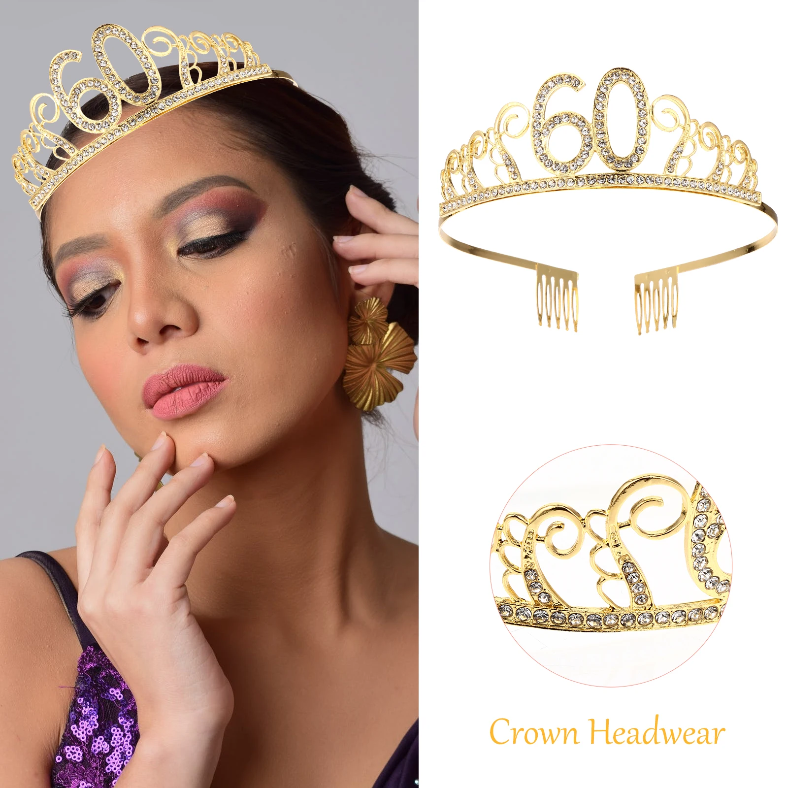 

Digital Crown Number Queen Hair Decor Birthday Party Shiny Tiara Retro Rhinestones Women Alloy Lightweight No Fading Deformation
