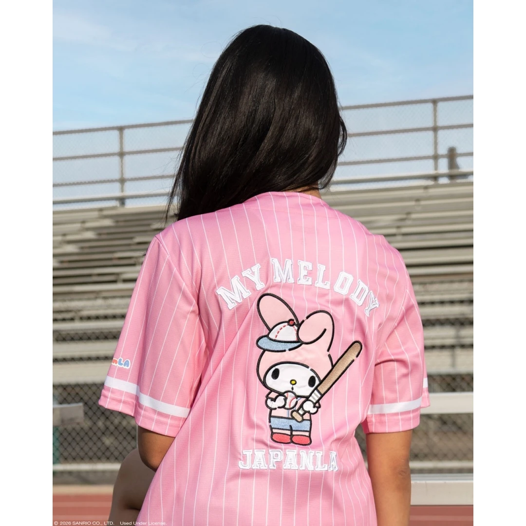 Hello Kitty Kuromi Printed Cartoon V-Neck Mesh Jersey Y2K Cute Women Unisex T-shirt Casual Kawaii Fan Oversized Streetwear Top