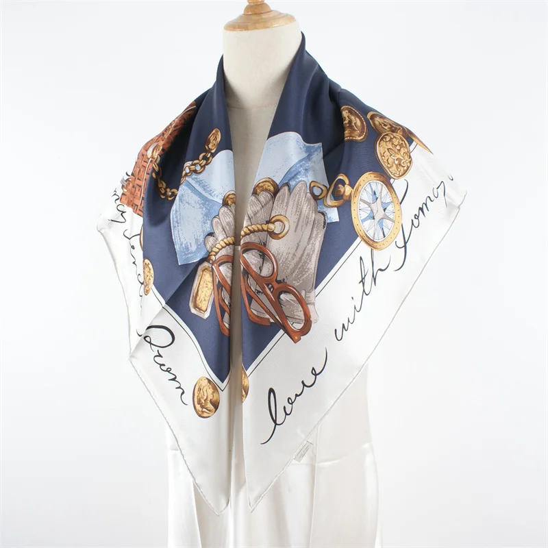 Large Square 100% Silk Scarf Shawl Navy Prints Womens Fashion Silk Foulard Neckerchief Necktie 88x88CM