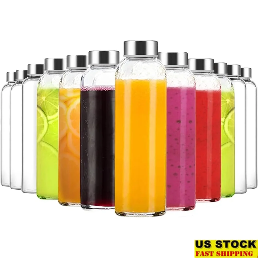 

18oz Reusable Glass Water Bottles with Stainless Steel Caps 24 Pack Airtight Leakproof Juicing Bottles Fits Car Cup Holder