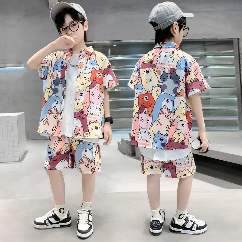 

Summer Popular Versatile Art Cat Pattern Ice Silk Set Lazy And Simple Daily Ins Style Fashion Beach Clothing Children's Shirt