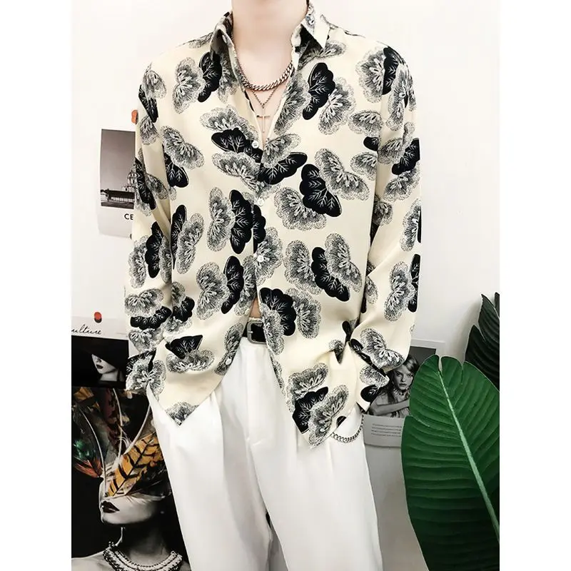 2023 Spring and Summer Thin Loose Casual Lazy Draping Silk Skating Ice Silk Creative Fashion Design Butterfly Print Men\'s Shirt