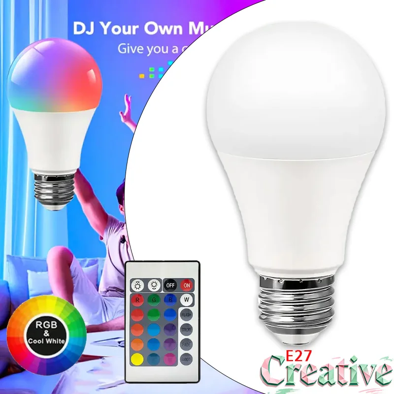 KDULIT 220V E27 RGB LED Light Bulb Bombillas LED with IR Remote Changeable Colorful RGB Led Lamp Spotlight Bulb（Optional Plug）