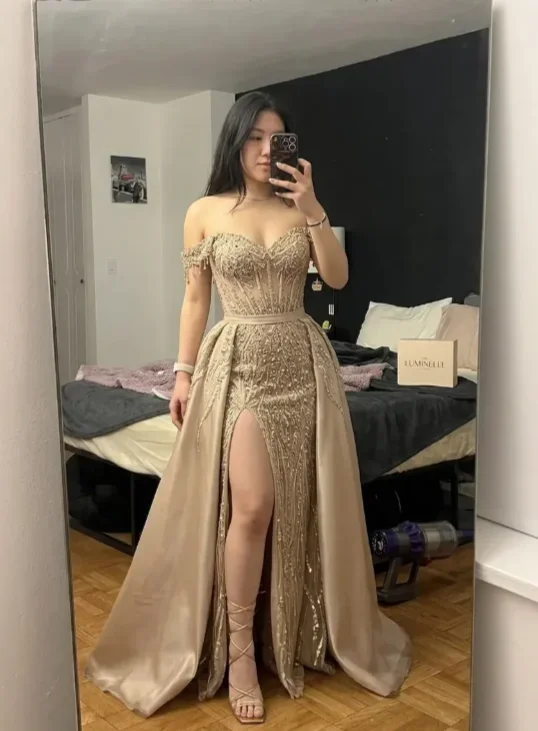 Gold Sequined Evening Dresses with Panel High Split Corset Luxury Beaded Prom Dress Customized Women's Cocktail Party Gowns