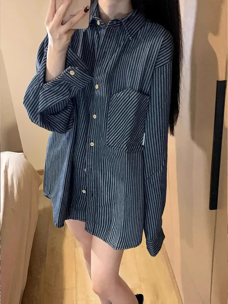

Y2K Womens Shirt Oversized Student Shirt Polo Collar Striped Long Sleeve Casual Loose Blouse Fashion High Street Versatile Top