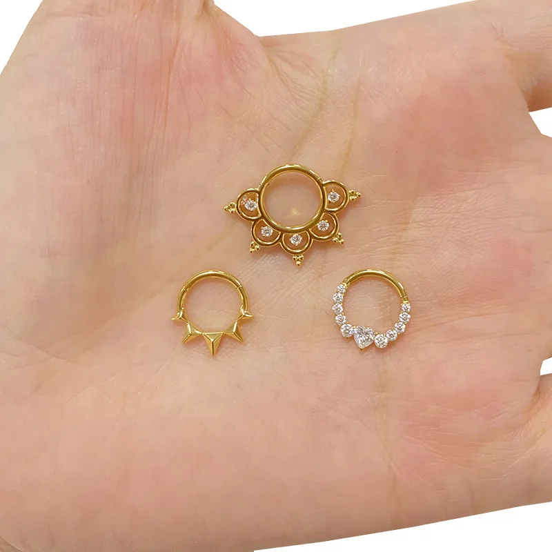ASTM F136 Titanium EAR PIERC Fan-shaped and side CZ Ring Hoop Nose Rings Hinged Clicker Earring Labret Tragus Ring Body Piercing