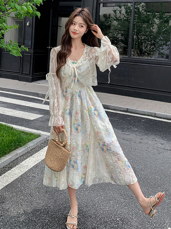 

Romantic Floral Print Two-Piece Set Sunscreen Cardigan Strapless Dress Women's Chic Summer Fashion Casual Wear Long Sleeve