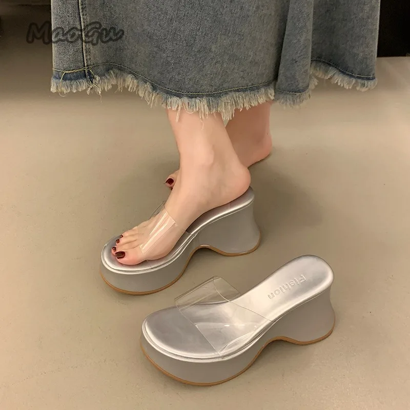 Transparent PVC Chunky Heel Sandals for Women Fashion Peep Toe Platform Sandals Woman 2025 Summer Thick Bottom Beach Slippers view 4