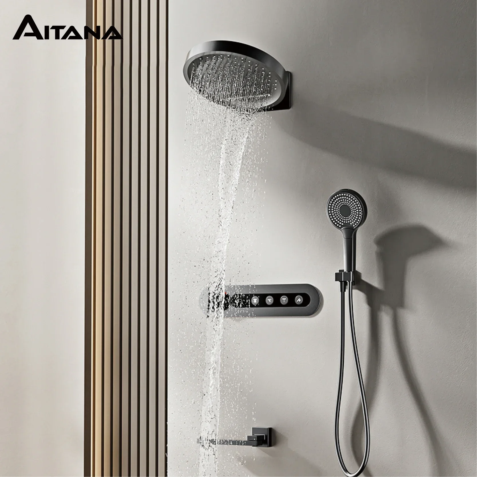 Luxury round gun gray brass shower system intelligent digital display with four functions cold and hot dual control shower Tap