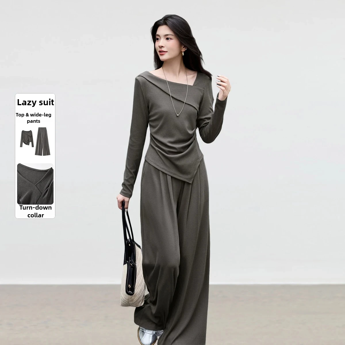 طقم مكون من قطعتين من القطن للسيدات من SENTUBILA لخريف 2025 بلوزة غير متماثلة وبنطال ذو قصة أرجل واسعة ملابس تنحيف للركاب في المكتب 153ZF2307 #1