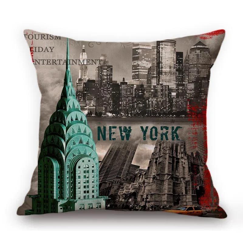 Vintage Poster Art Decorative Throw Pillow Case New York  London Rome Street View Sofa Cushion Cover Home Decor Car Pillows