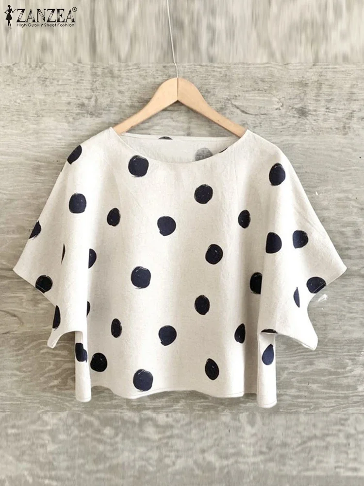 

ZANZEA Polka Dot Tops Women Blouses Vintage Short Sleeve Blusas 2025 Casual O Neck Tunic Summer Loose Pullovers Femininas