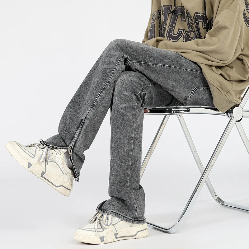 Trendy design sense jeans men\'s trendy brand retro slim fitting high zippered long pants Distressed jeans for men men clothing