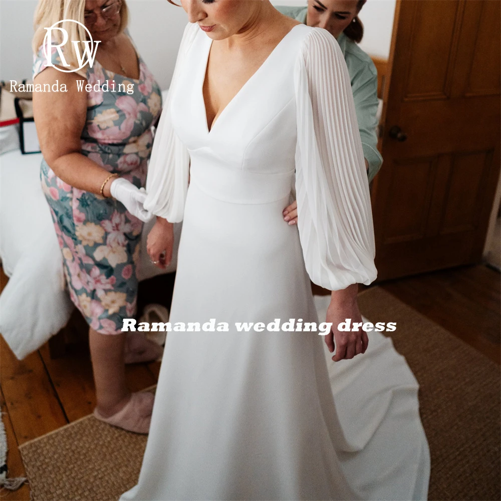 Ramanda Customized Simple Puff Sleeves Deep V-Neck Mermaid Wedding Dress Women Backless Floor-Length Sweep Train Ruffles 2025