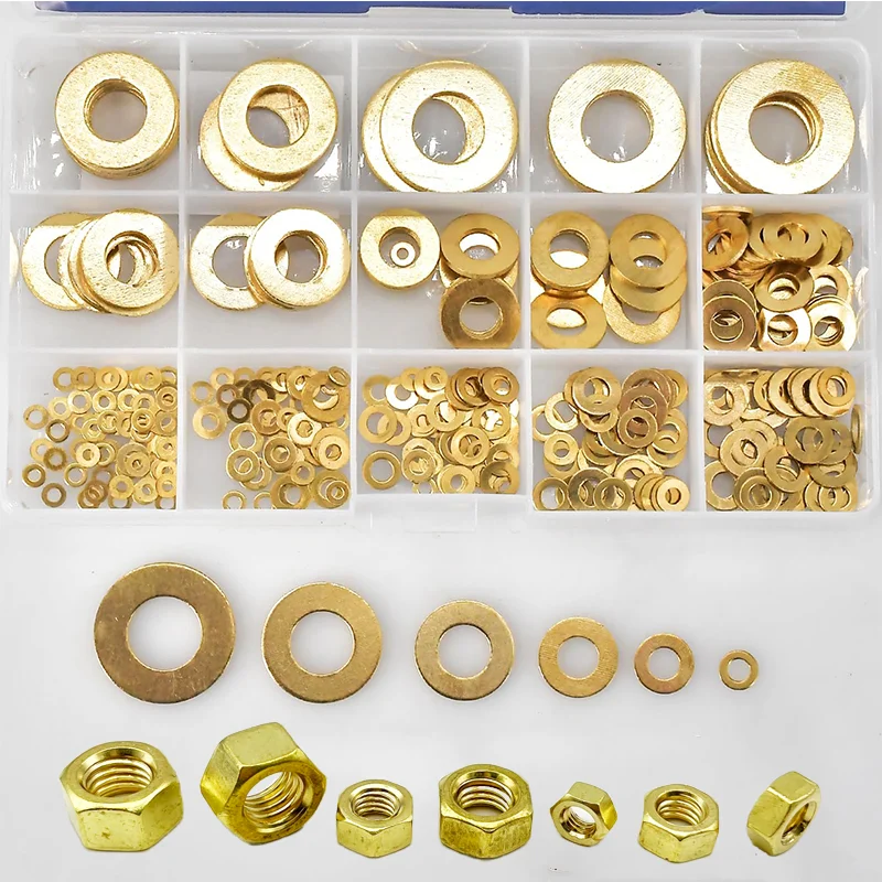 Brass Solid Flat Washer and Hex Nut M2 M3 Kit for Screw Bolt Fastener Copper Gasket Ring Spacer Good Heat Conduction Hexagon Nut