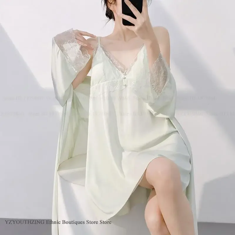 

Sexy Patchwork Lace Nighty&Robe Set Nightgown Summer New Female Sleepwear Home Dress Silky Satin Kimono Bathrobe Gown Loung Wear