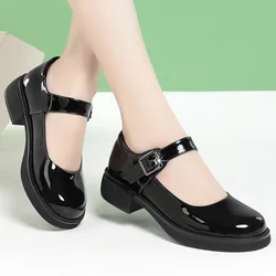 3.5cm Breathable Shallow Mouth Bright Leather Shoes Women Mary Janes 2026 Fall Med Square Heels Sheos Black for Office Mom