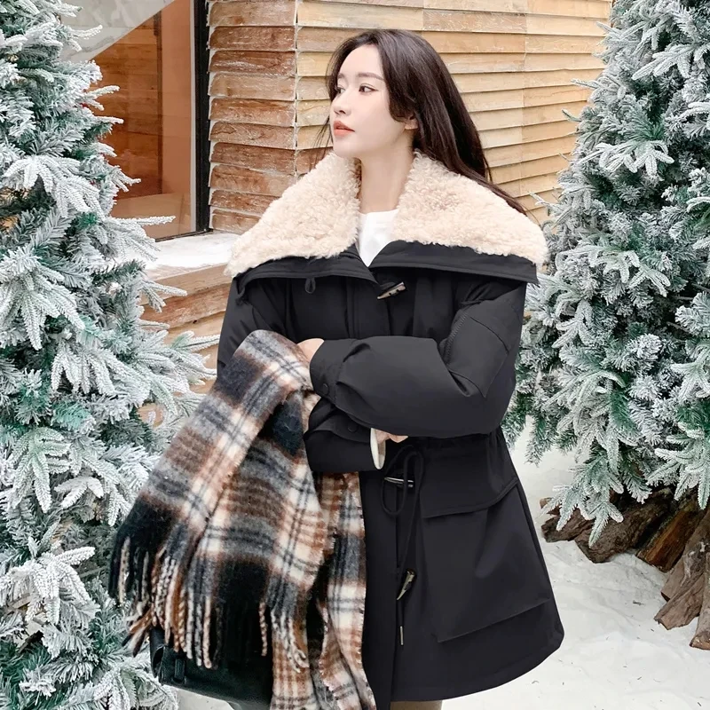 Big collar Parker lamb wool Outerwear Women's Mid to long Winter 2024 New Thicken Workwear wind Cotton Jacket Female Warm Parkas