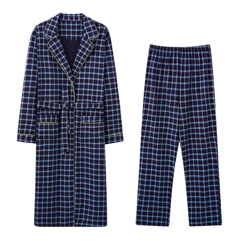 Men’s Cotton Robe Long Sleeve Kimono Bathrobe With Long Pants 2pcs Robes Set Sleepwear Spring Autumn V-Neck Plaid Pijamas Hombre