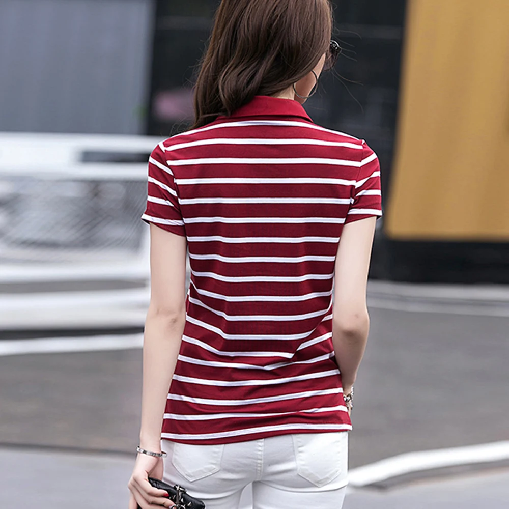 Korean striped lapel short sleeved women's spring and summer fashion light luxury pure cotton t-shirt loose casual plus size top