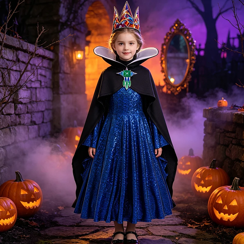Girls Queen Cosplay Halloween Costume Movie Role Play Evil Princess Dress With Crown Cloak Girl Costume Carnival Party Dress