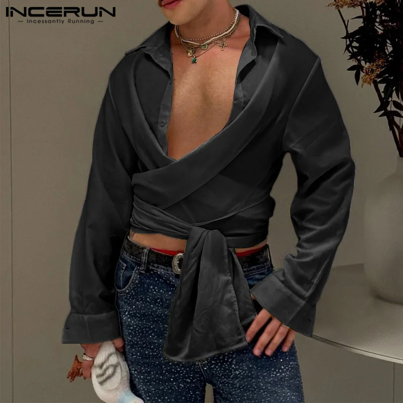 

INCERUN Men Shirts Turn Down Collar Long Sleeve Button Down Backless Tops Back Hollow Out Lace Up Fashion Casual Camisas 2025
