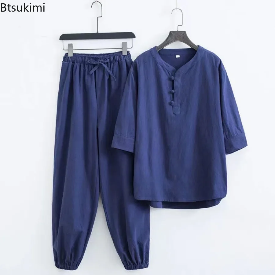 New Men's Cotton Linen Sets Chinese Style Solid Short Sleeve Pants Two Pieces Traditional Clothes Kung Fu Uniform Tang Suit Male - Image 5