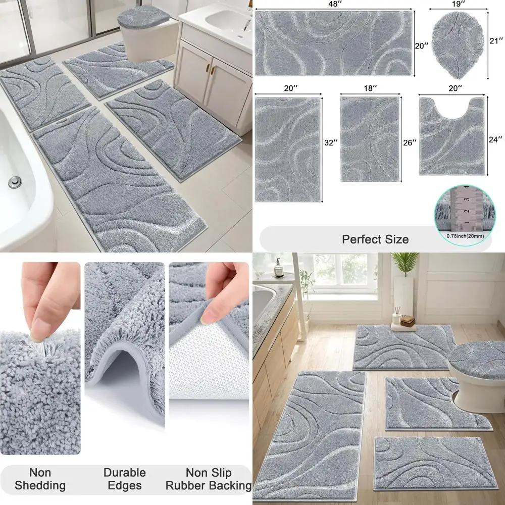 

5-Piece HEBE Microfiber Bath Rug Set - Soft, Absorbent, Non-Slip, Washable, with Toilet Lid Cover, Bath Runner, and U-Shaped Toi