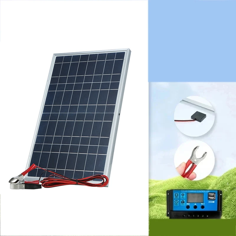 12V Solar Panel Kit Complete 30W Power Portable Outdoor Rechargeable Solar Cell Generator For Home