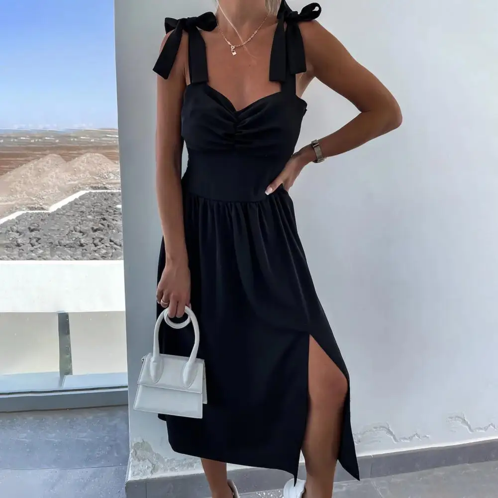 

Beach Party Dress Elegant Lace-up Shoulder Midi Dress with Pleated Detail Backless Design for Women for Summer Dating Shopping