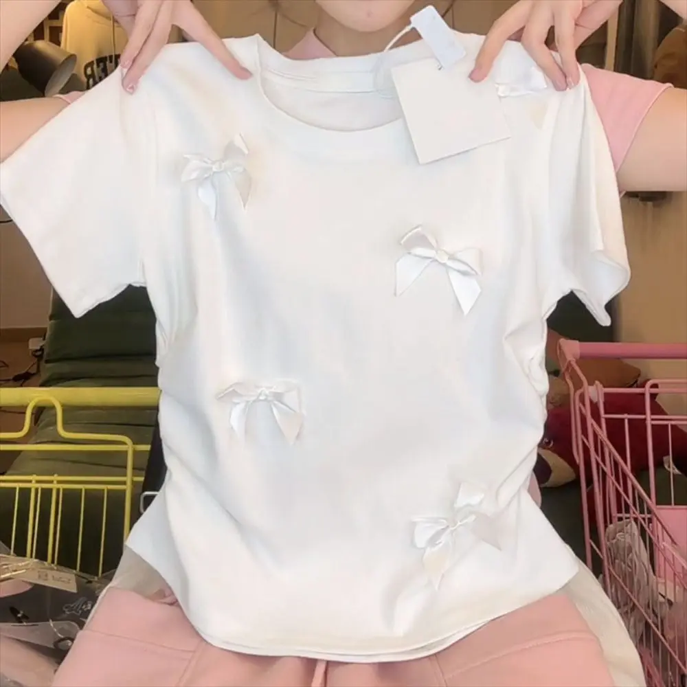 

Cute Short Sleeved Balletcore Bow T-shirt Streetwear Slim Bowknot Shirt Women Ins Summer Sweet Crop Top Girls